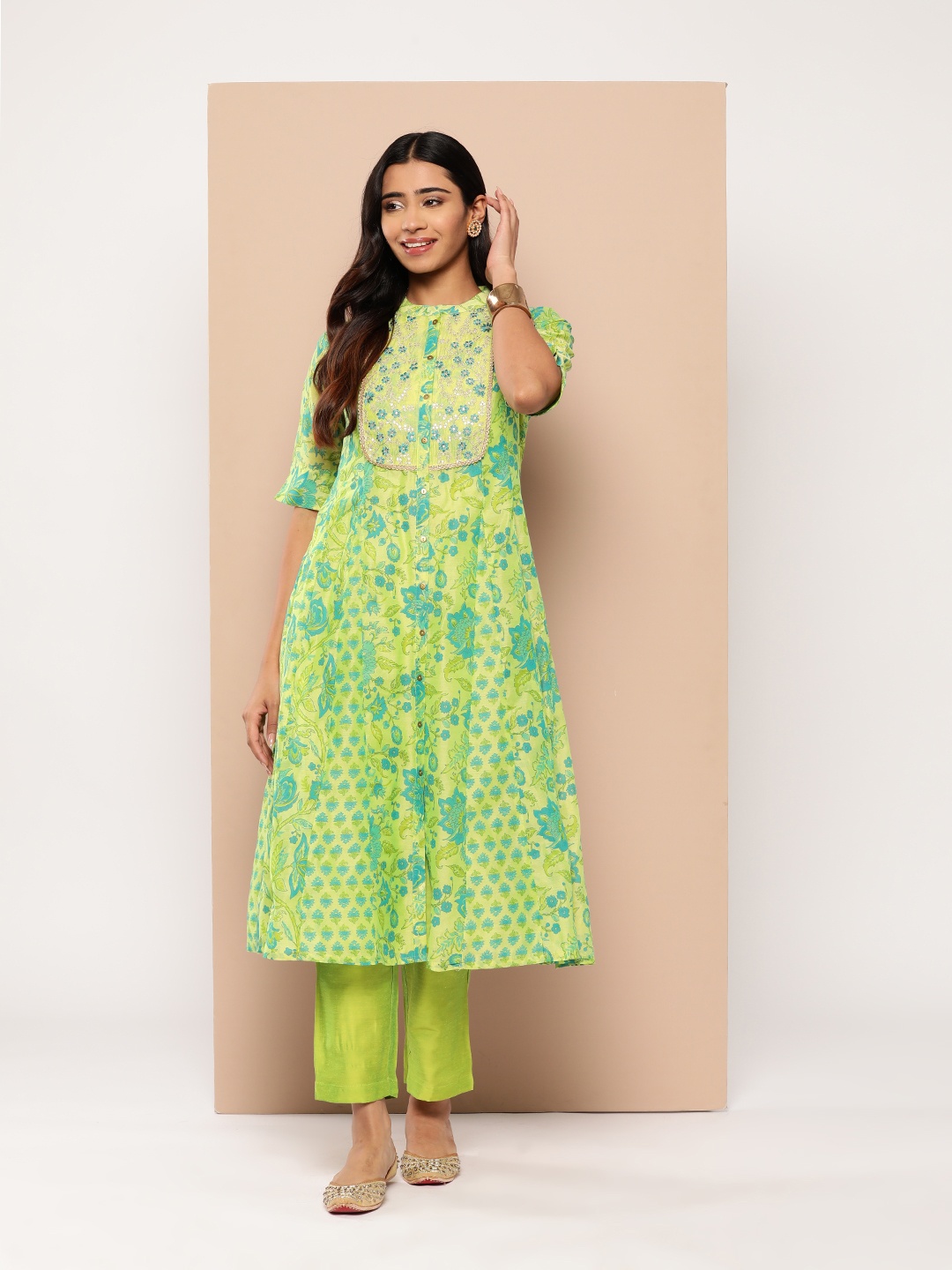 

HERE&NOW Women Ethnic Motifs Printed Kurta with Trousers, Green