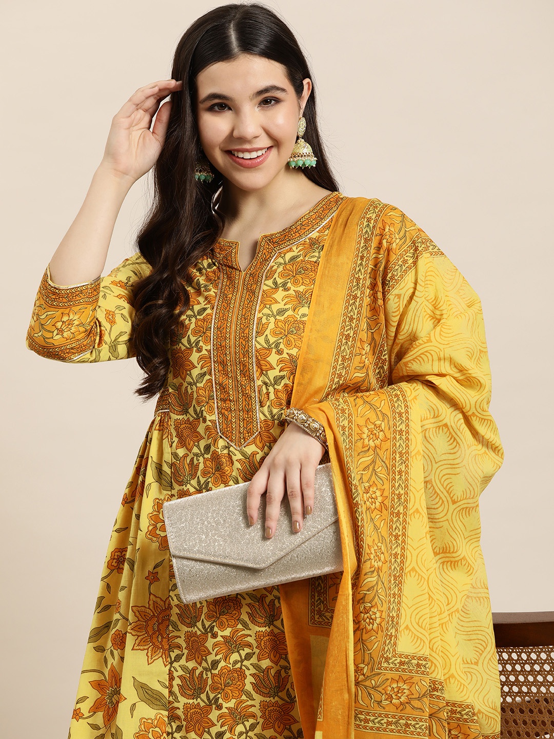 

HERE&NOW Floral Print Kurta with Trousers & With Dupatta, Mustard