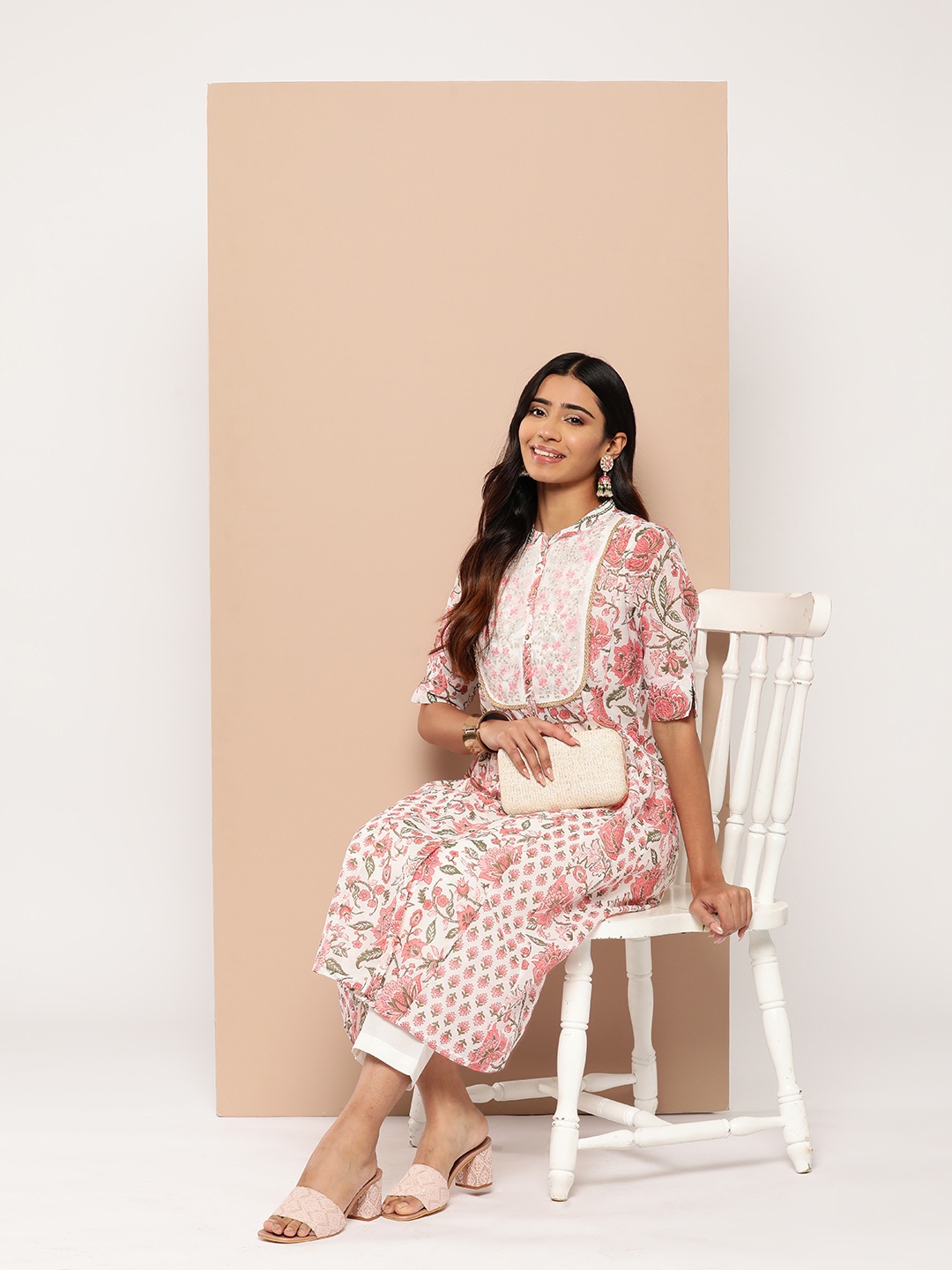 

HERE&NOW Women White Printed Sequinned Kurta with Trousers