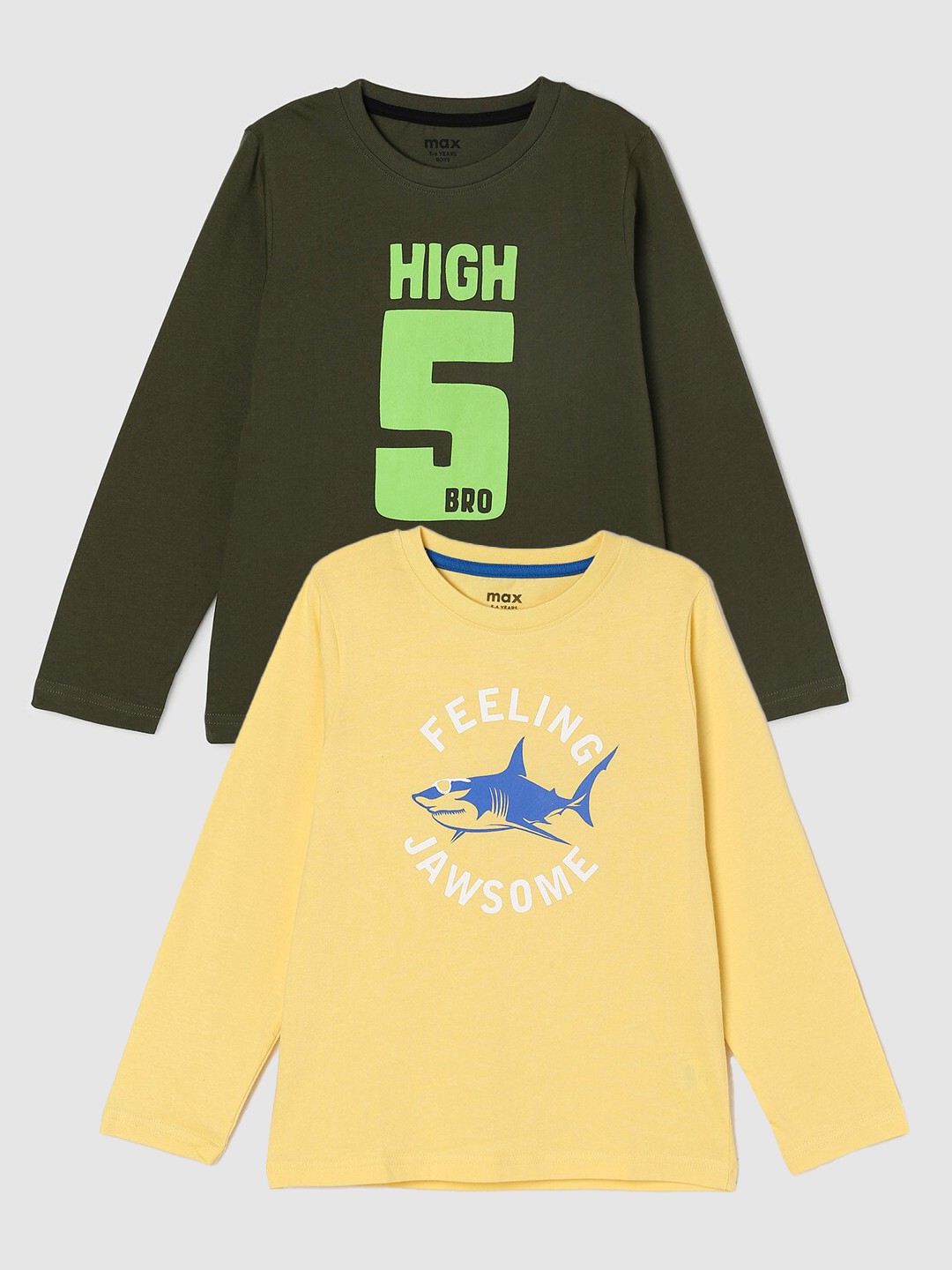 

max Boys Pack Of 2 Printed Cotton T-Shirts, Olive