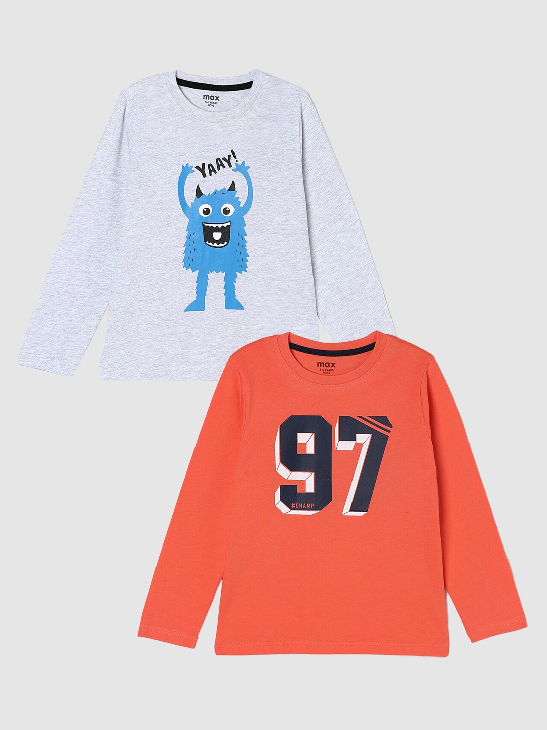 

max Boys Pack Of 2 Printed Cotton T-Shirts, Grey