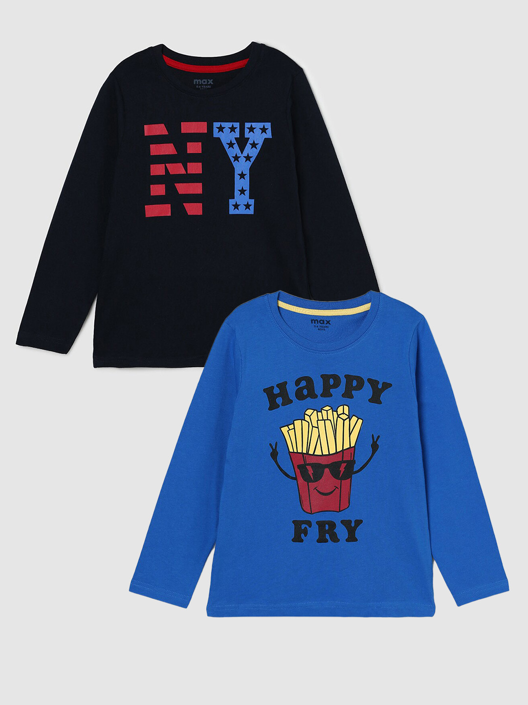 

max Boys Pack Of 2 Printed Cotton T-Shirts, Navy blue
