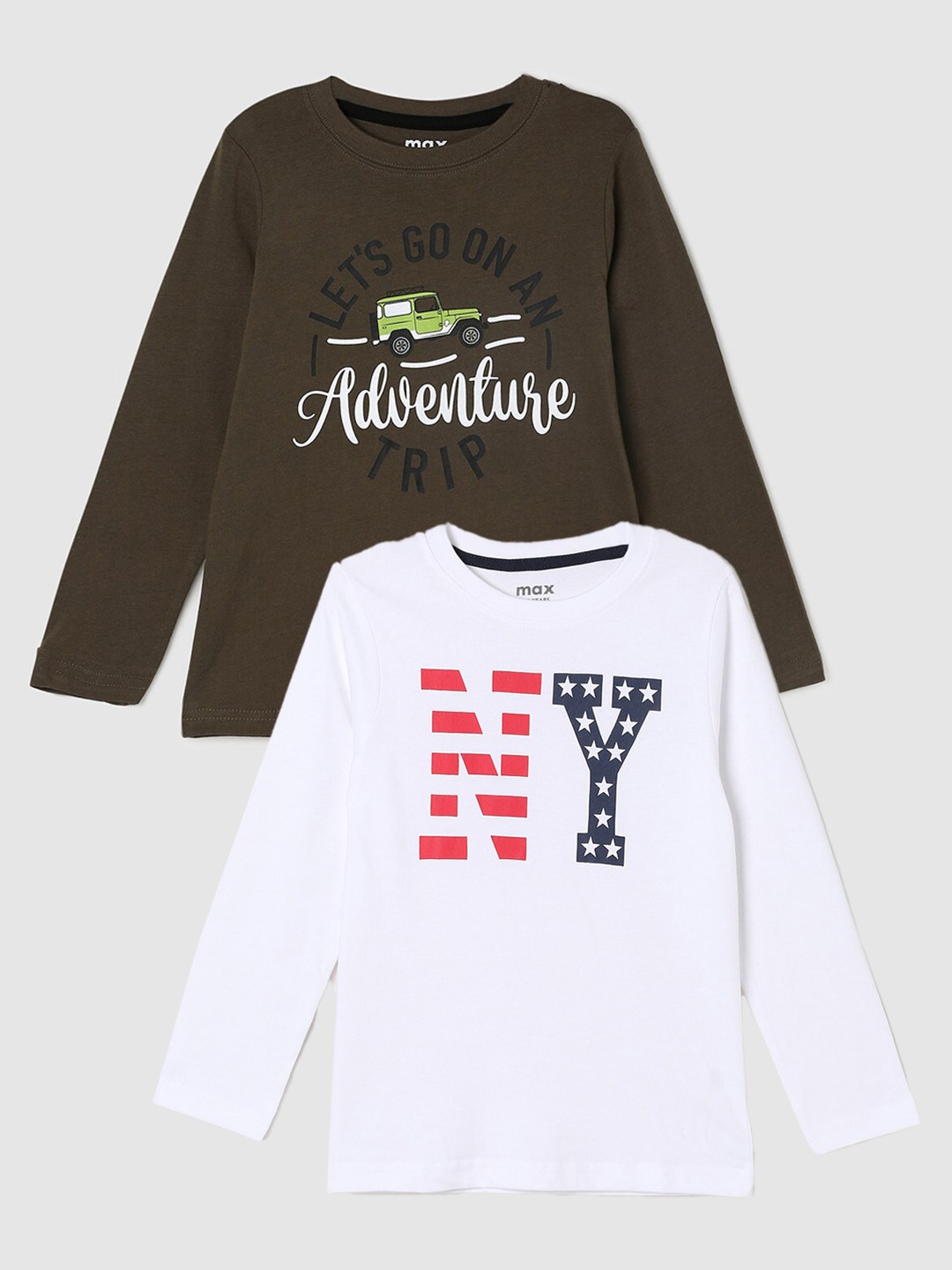 

max Boys Pack Of 2 Printed Pure Cotton T-Shirts, Olive