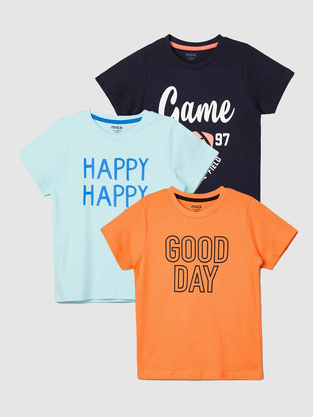 

max Boys Pack Of 3 Printed Pure Cotton T-Shirts, Blue