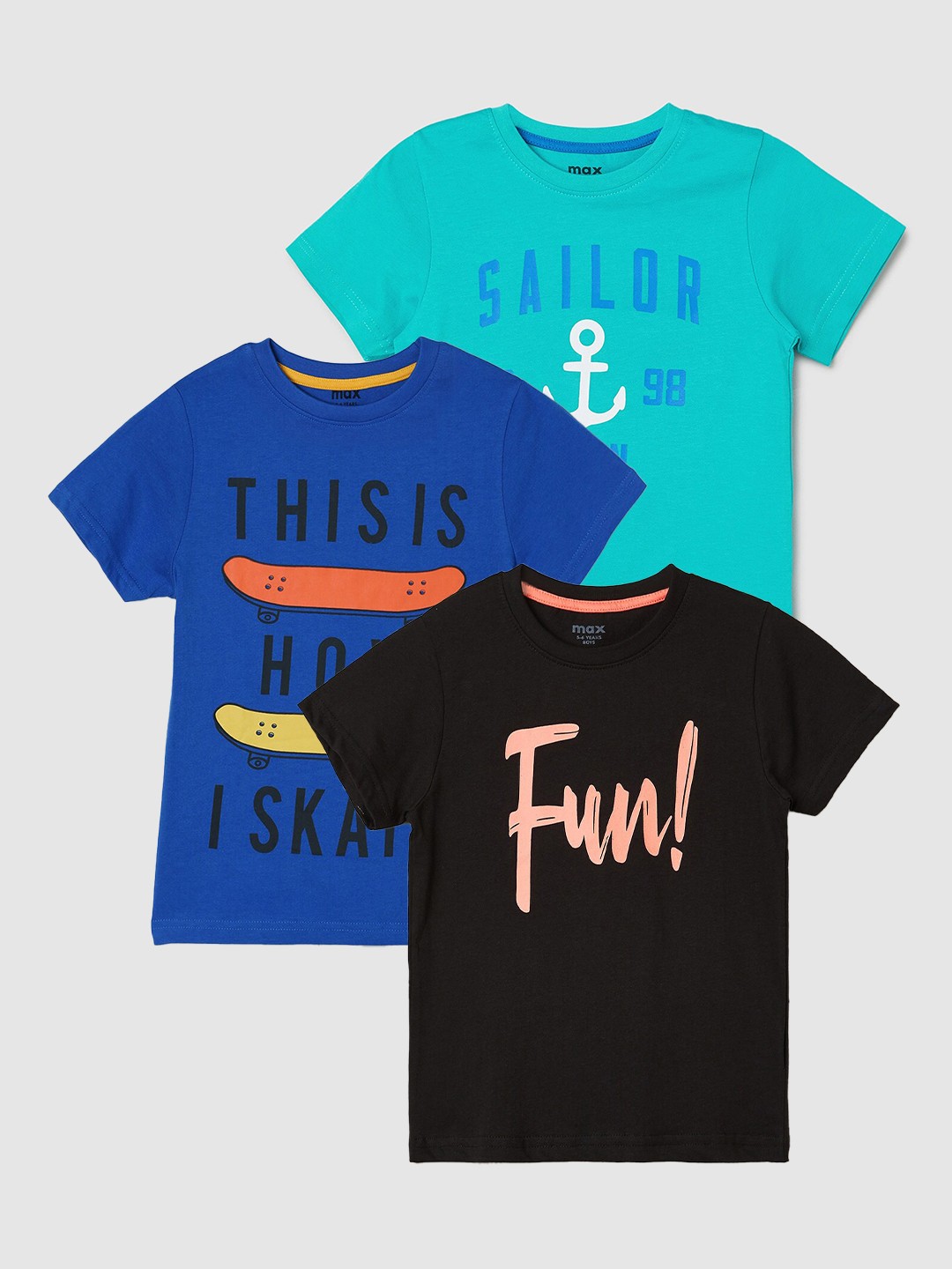 

max Boys Pack Of 3 Printed Pure Cotton T-Shirts, Blue