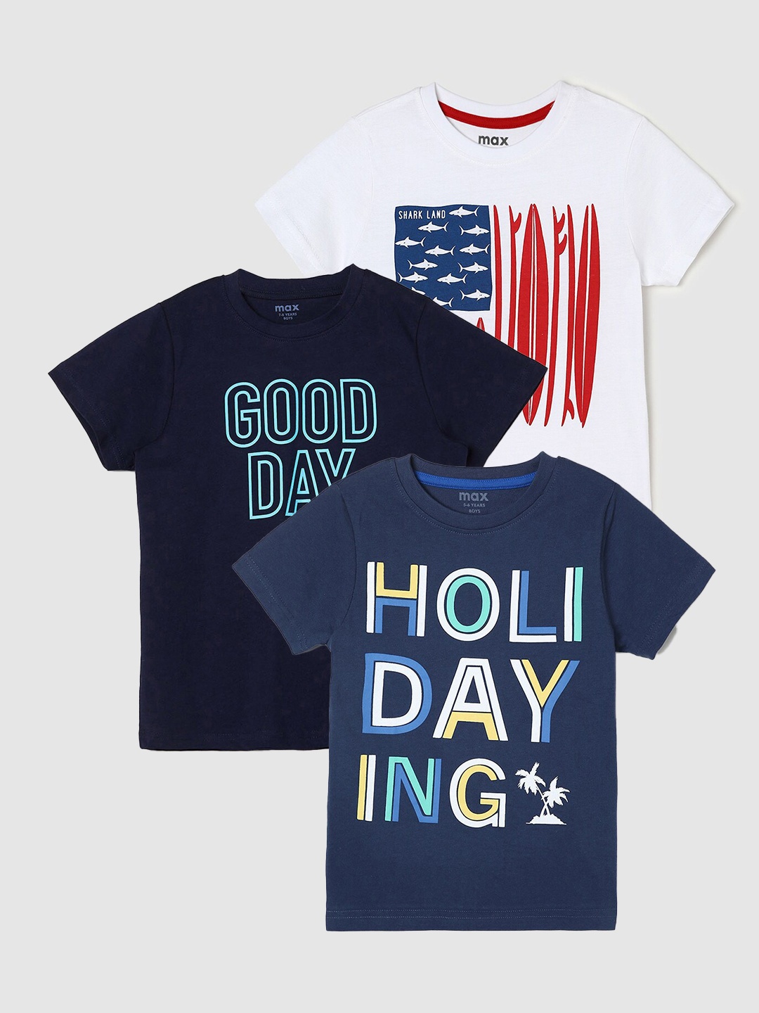 

max Boys Pack Of 3 Printed Pure Cotton T-Shirts, Navy blue
