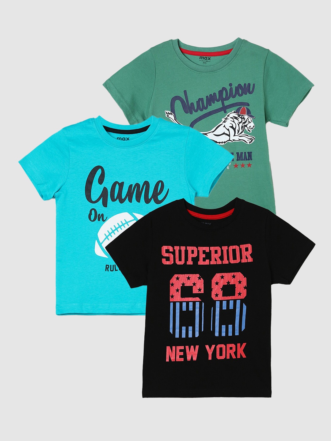 

max Boys Pack Of 3 Printed Cotton T-Shirts, Turquoise blue