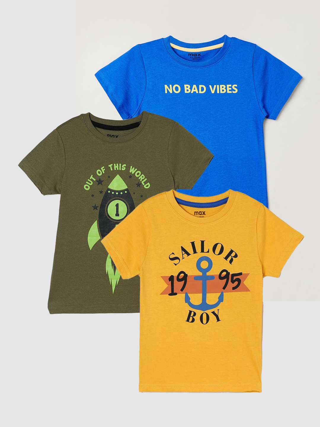 

max Boys Pack Of 3 Printed Pure Cotton T-Shirts, Olive