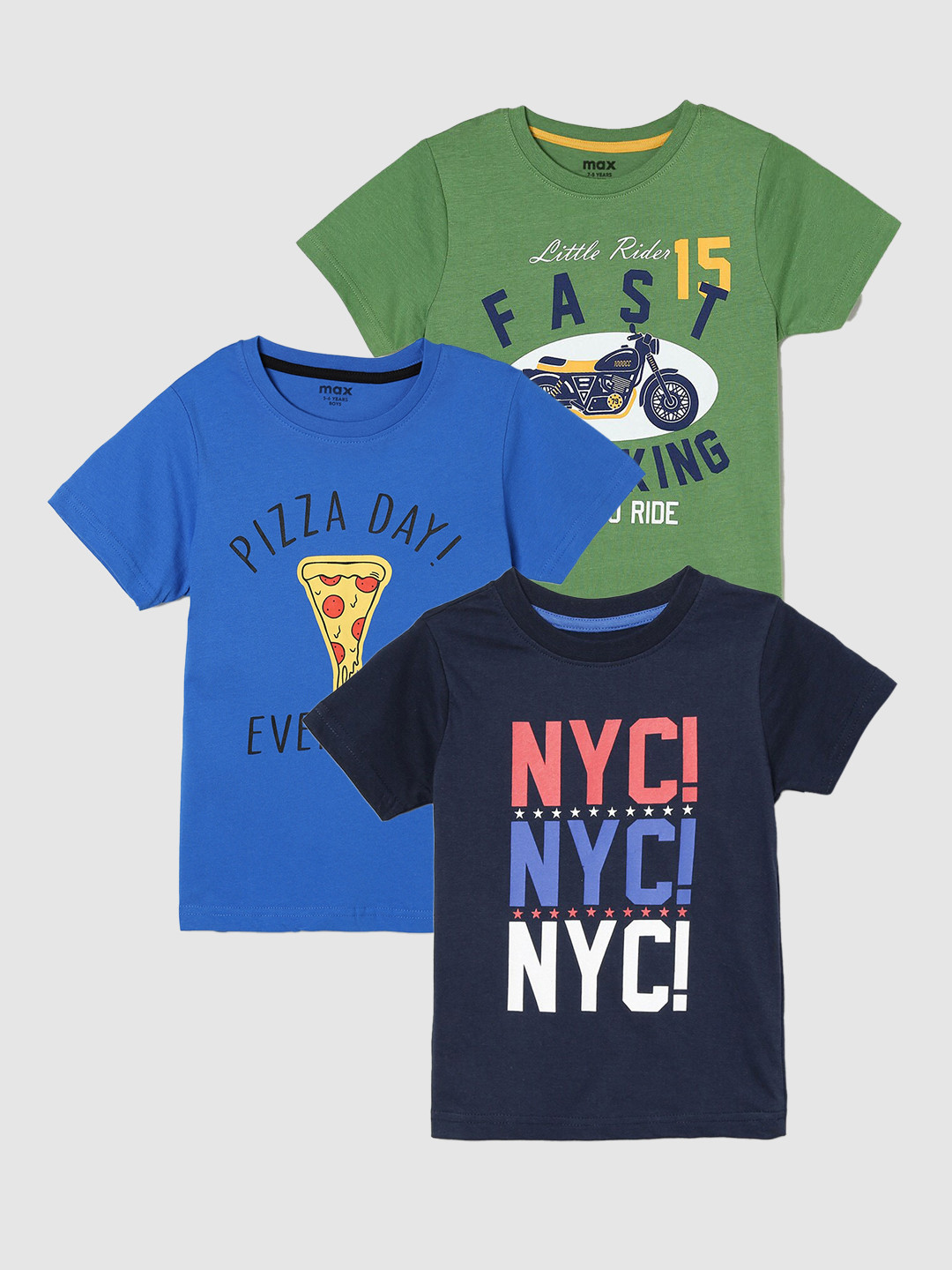 

max Boys Pack Of 3 Printed Cotton T-Shirts, Blue