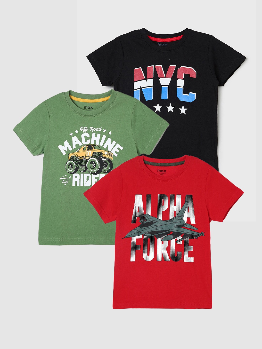 

max Boys Pack Of 3 Printed Pure Cotton T-Shirts, Green