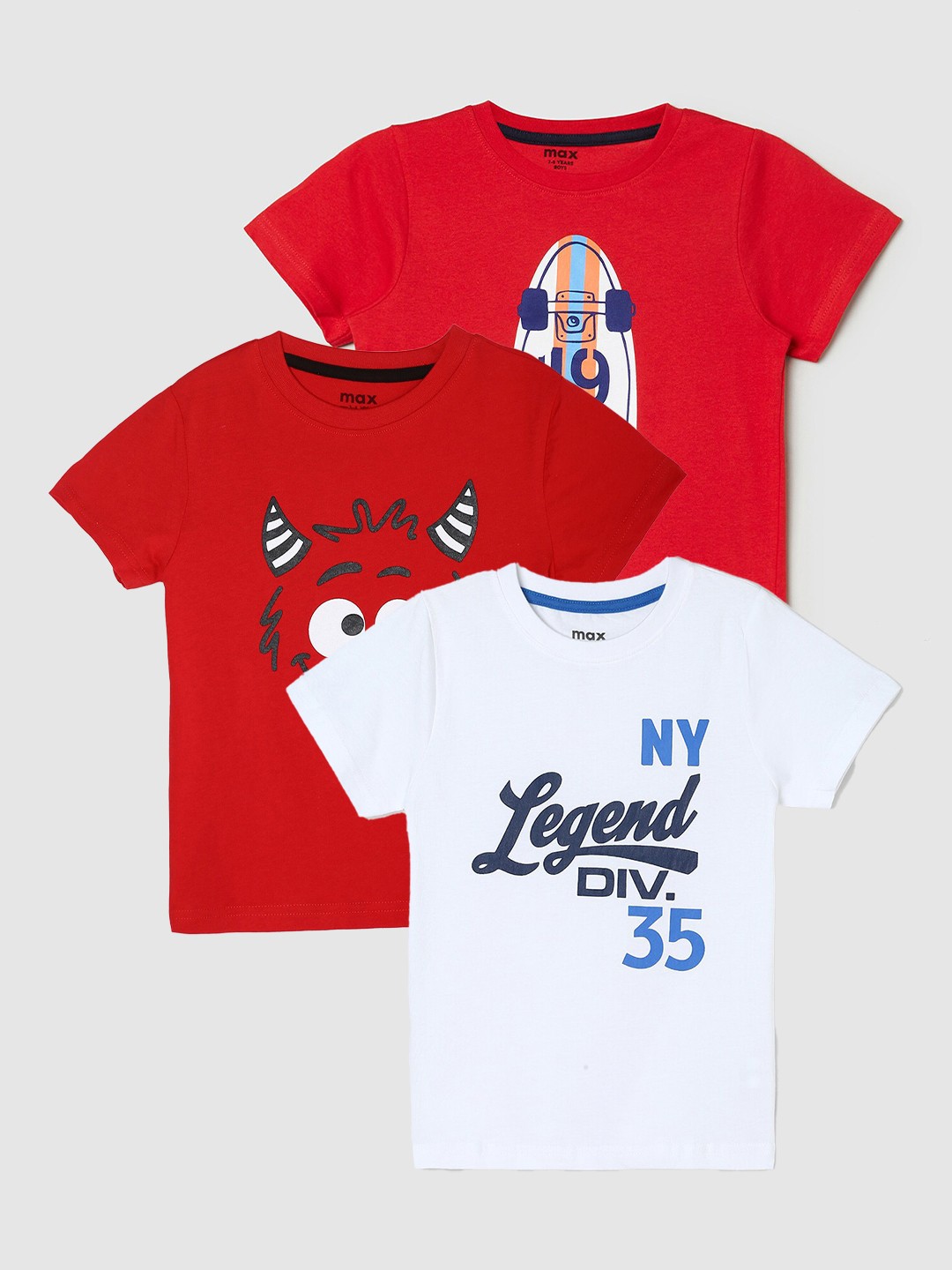 

max Boys Pack Of 3 Printed Pure Cotton T-Shirts, Red