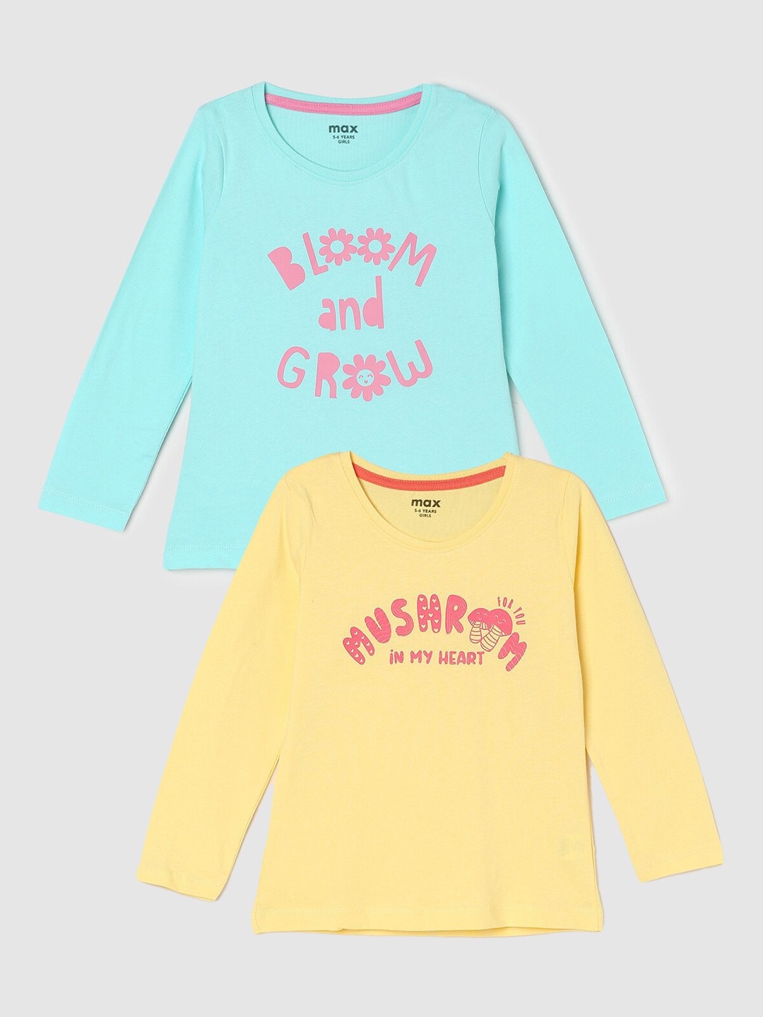 

max Girls Pack Of 2 Typography Printed Pure Cotton T-shirt, Yellow