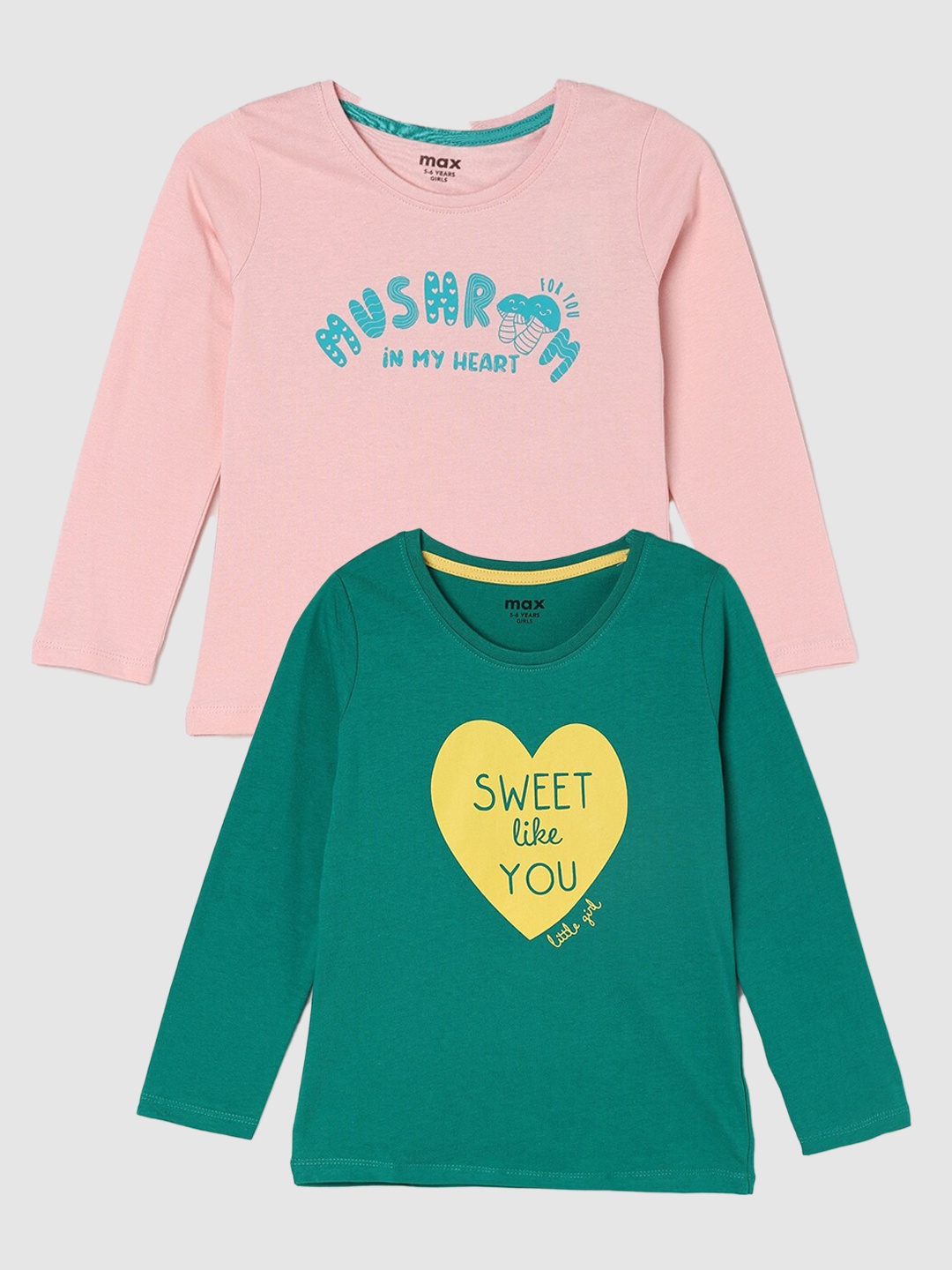 

max Girls Pack Of 2 Printed Pure Cotton T-shirt, Green