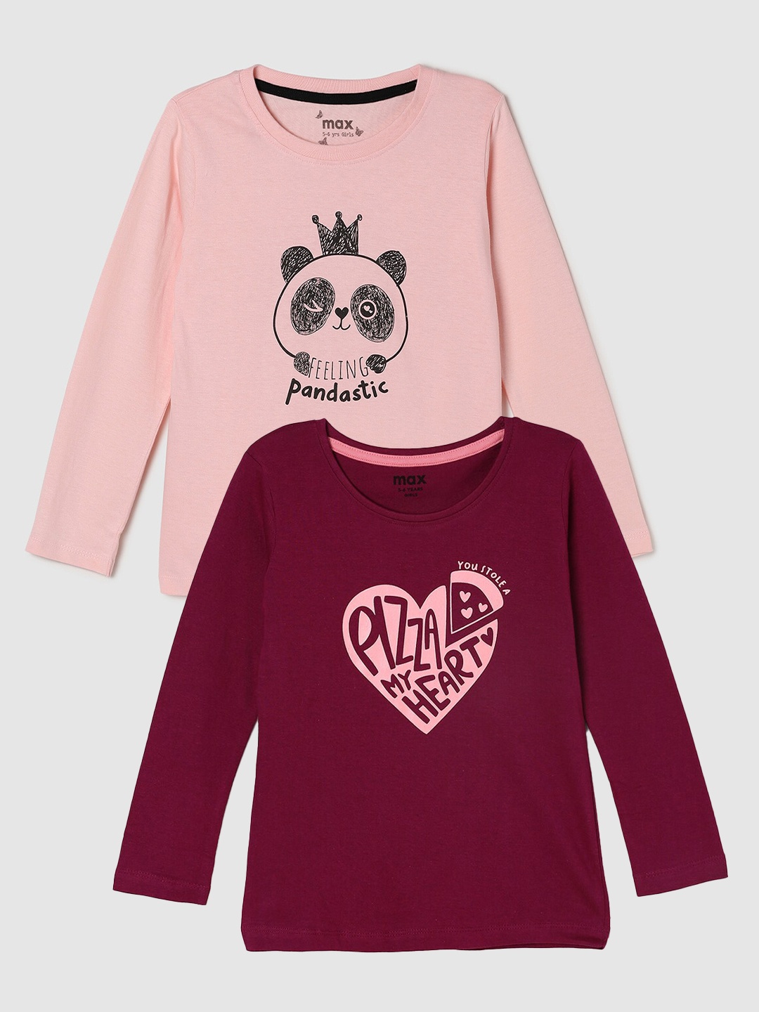 

max Girls Pack Of 2 Printed Pure Cotton T-shirt, Burgundy