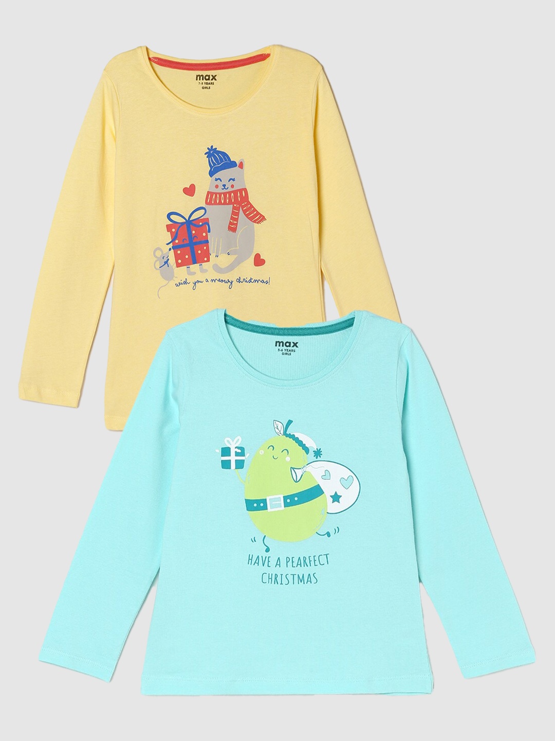 

max Girls Pack Of 2 Printed Pure Cotton T-shirt, Blue