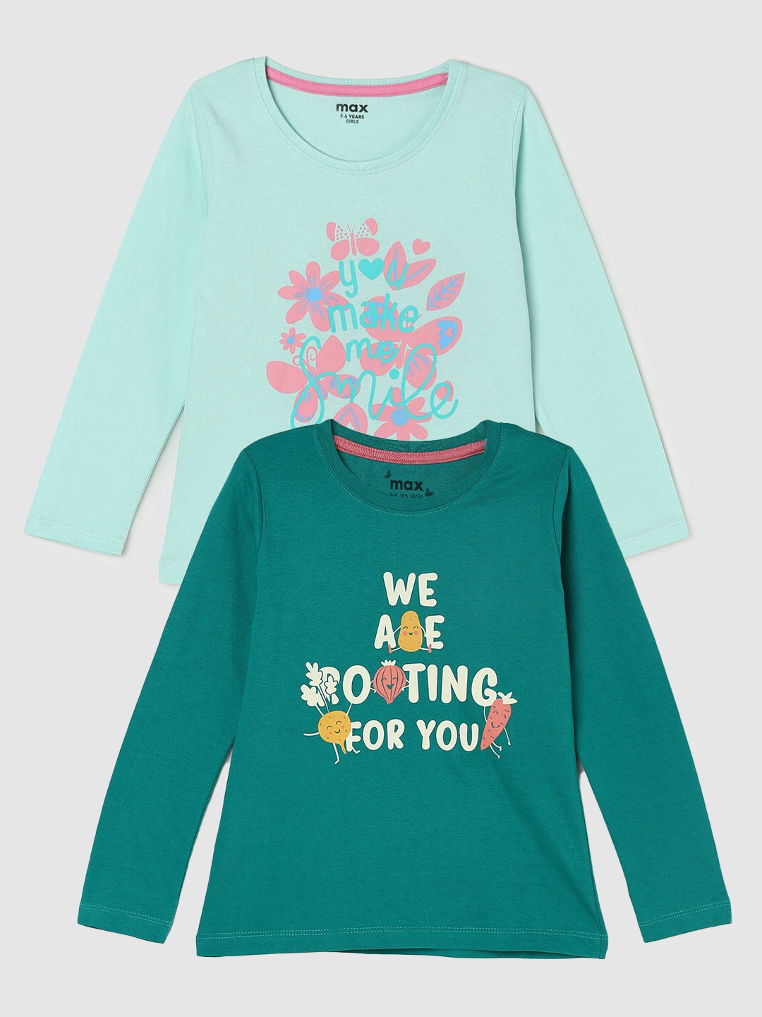 

max Girls Pack Of 2 Printed Pure Cotton T-shirt, Green