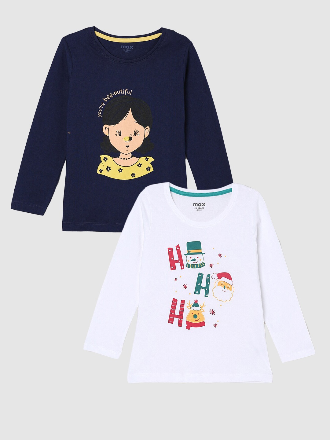 

max Girls Pack Of 2 Printed Pure Cotton T-shirt, White