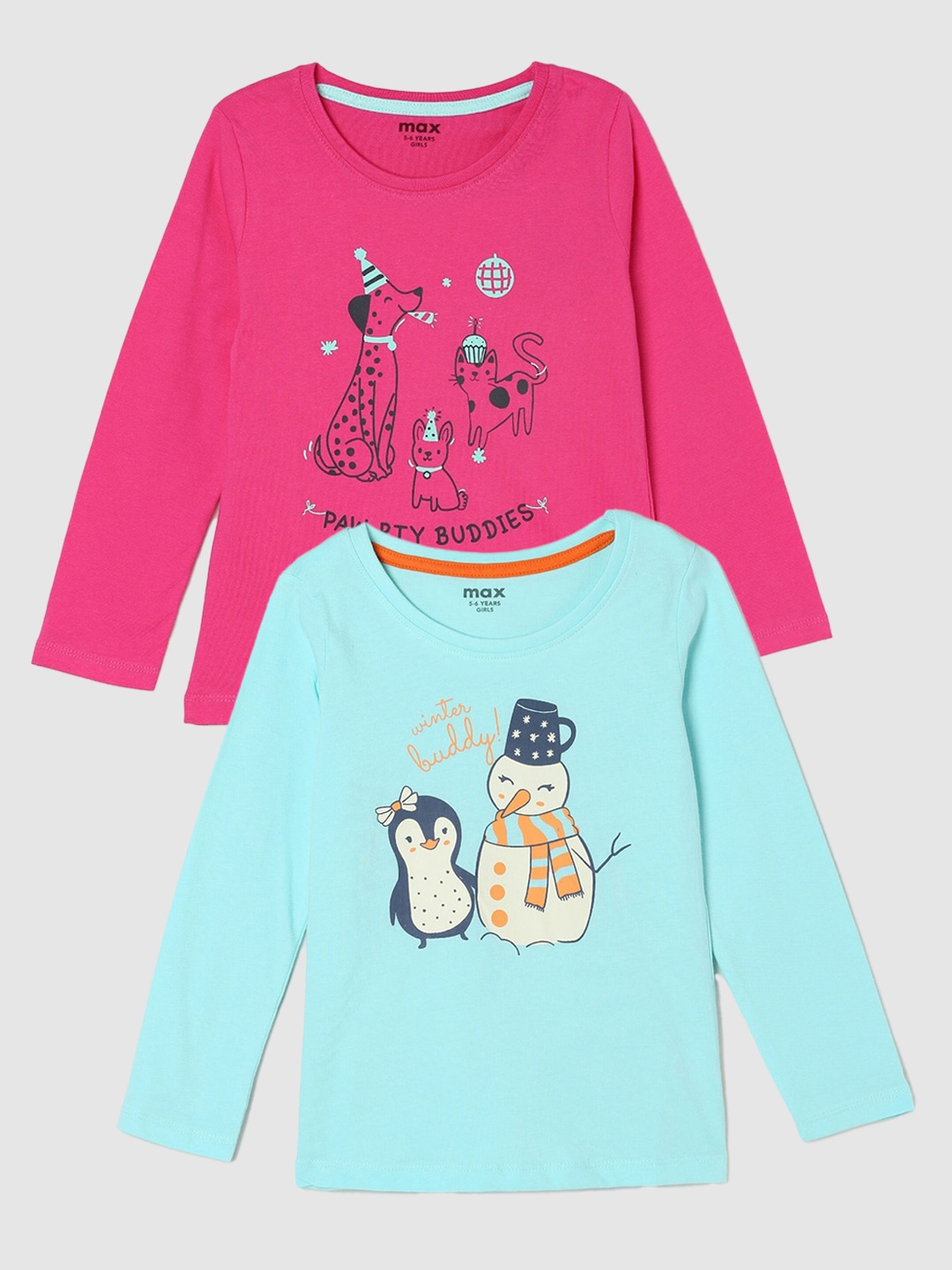 

max Girls Pack Of 2 Printed Pure Cotton T-shirt, Blue