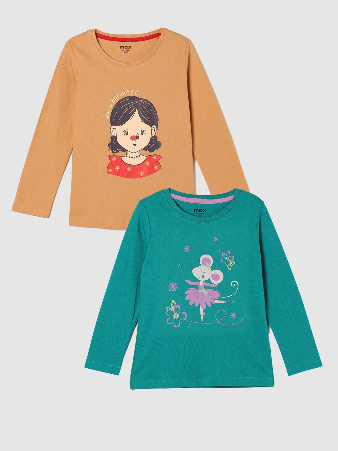 

max Girls Pack Of 2 Printed Pure Cotton T-shirt, Green