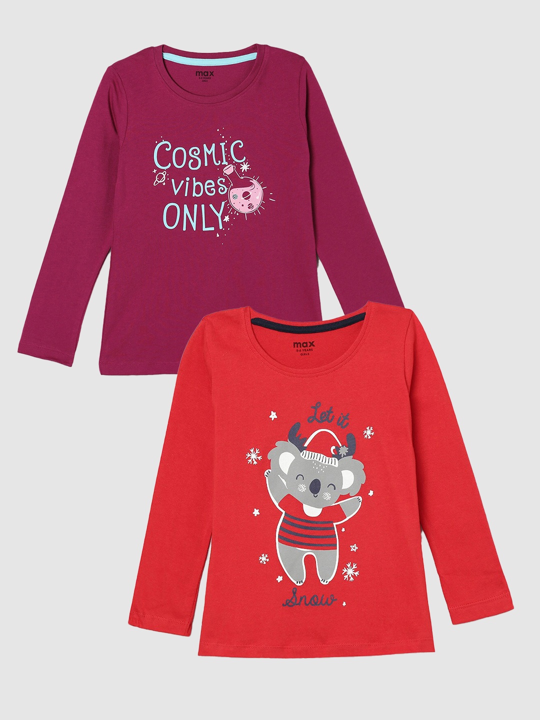 

max Girls Pack Of 2 Printed Pure Cotton T-shirt, Red