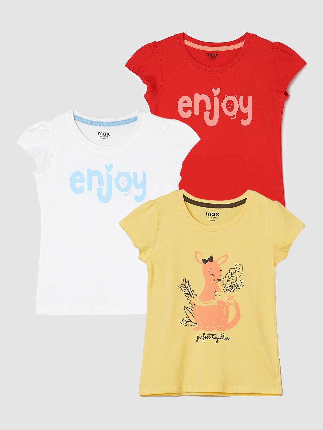 

max Girls Pack Of 3 Printed Pure Cotton T-shirt, Yellow