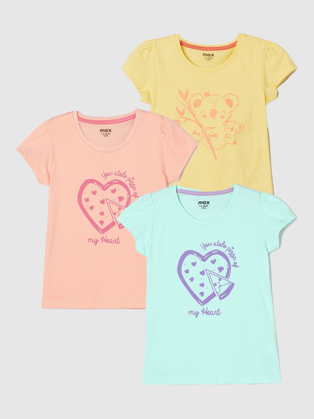 

max Girls Pack Of 3 Printed Pure Cotton T-shirt, Green