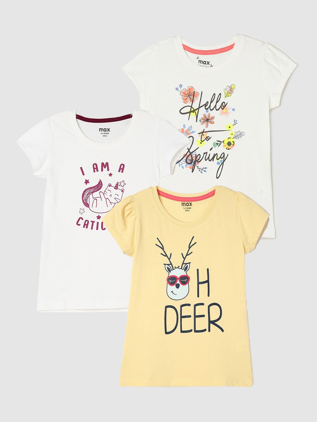 

max Girls Pack Of 3 Printed Pure Cotton T-shirt, Yellow