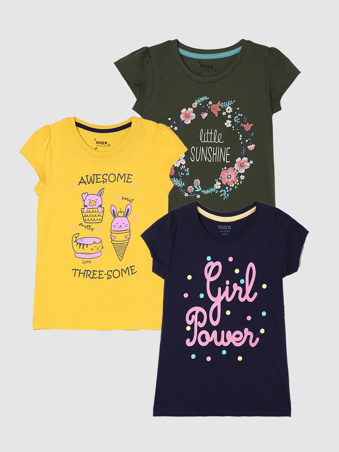 

max Girls Pack Of 3 Printed Pure Cotton T-shirt, Blue