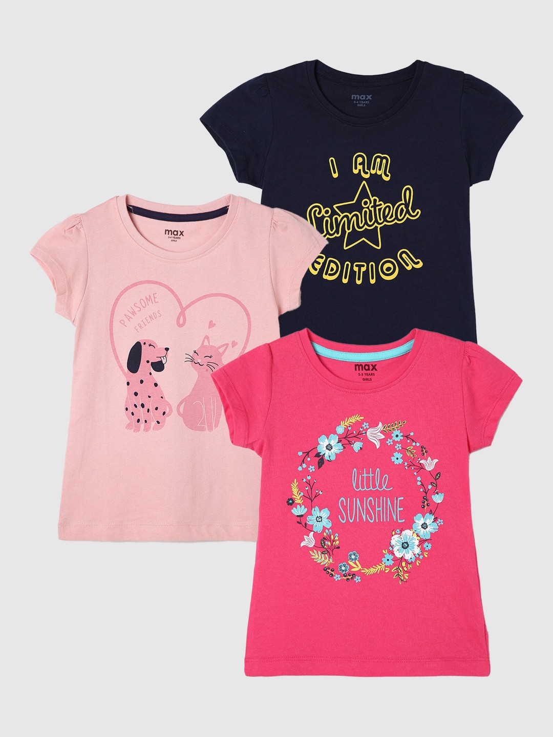 

max Girls Pack Of 3 Printed Cotton T-shirt, Fuchsia