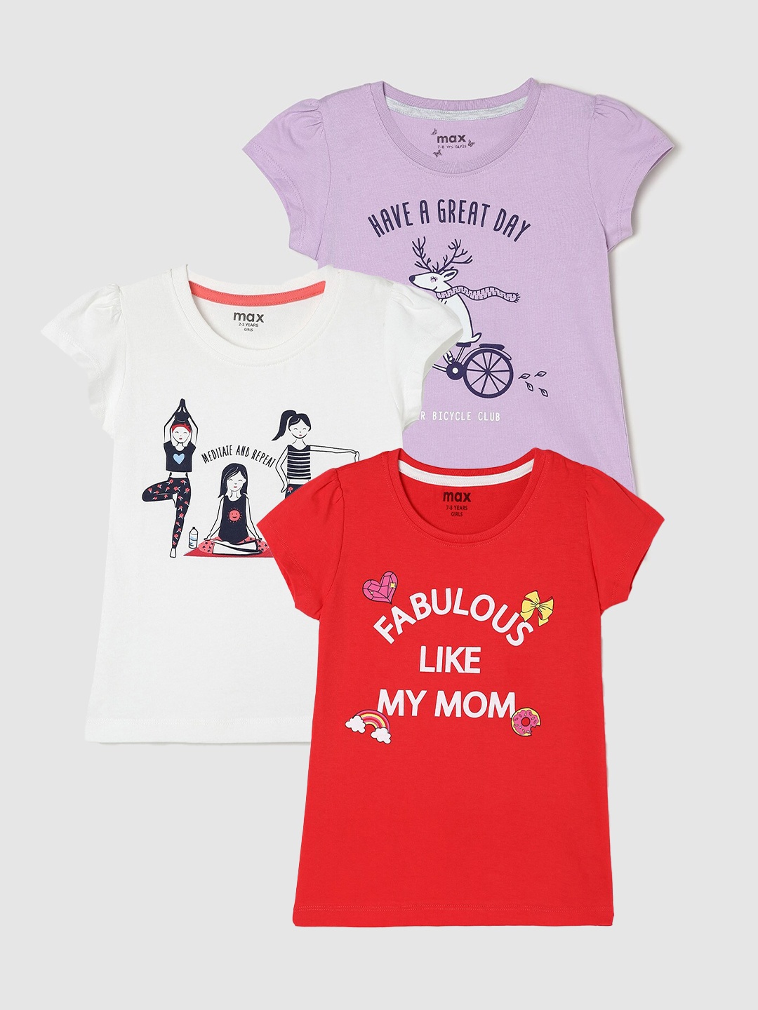 

max Girls Pack Of 3 Printed Pure Cotton T-shirt, Red