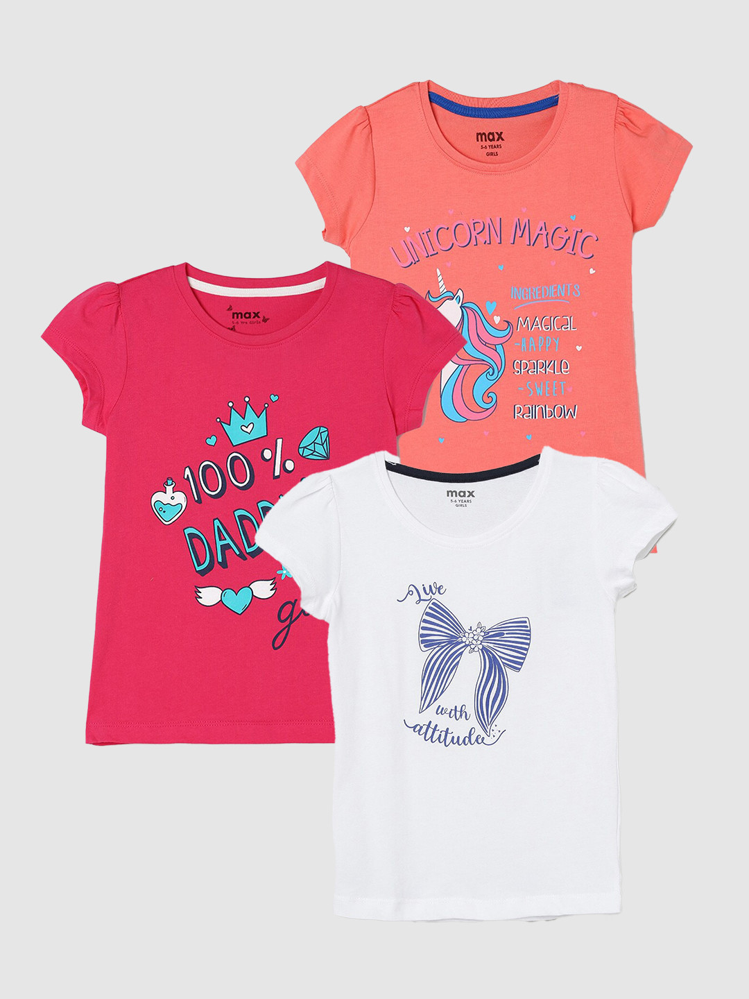 

max Girls Pack Of 3 Printed Pure Cotton T-shirt, White