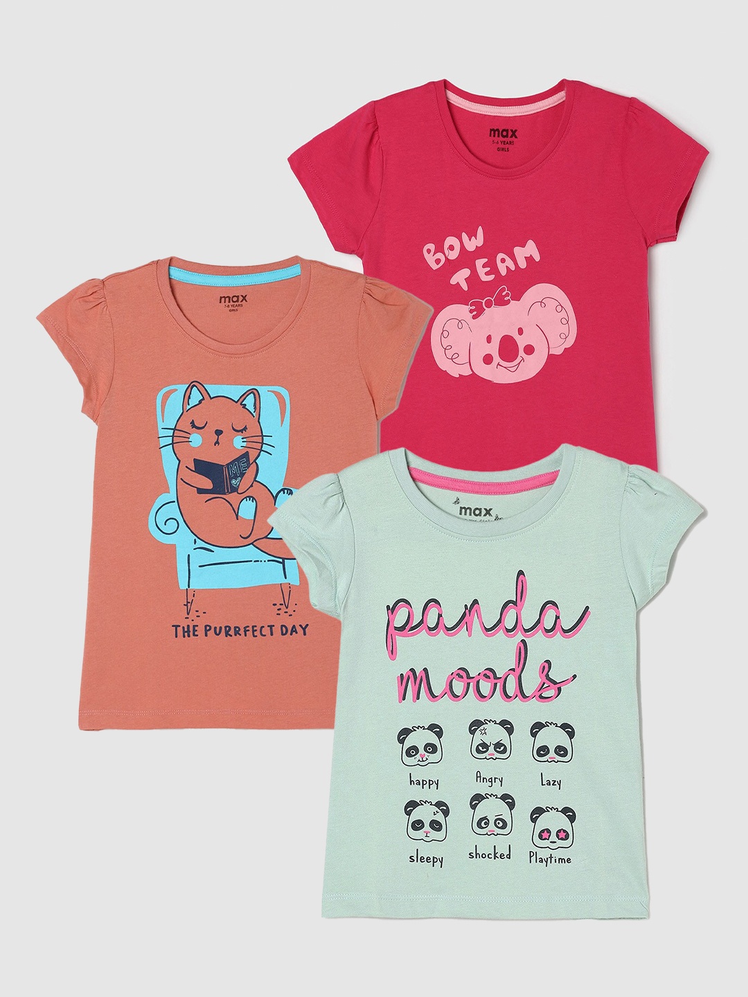 

max Girls Pack Of 3 Printed Pure Cotton T-shirt, Green
