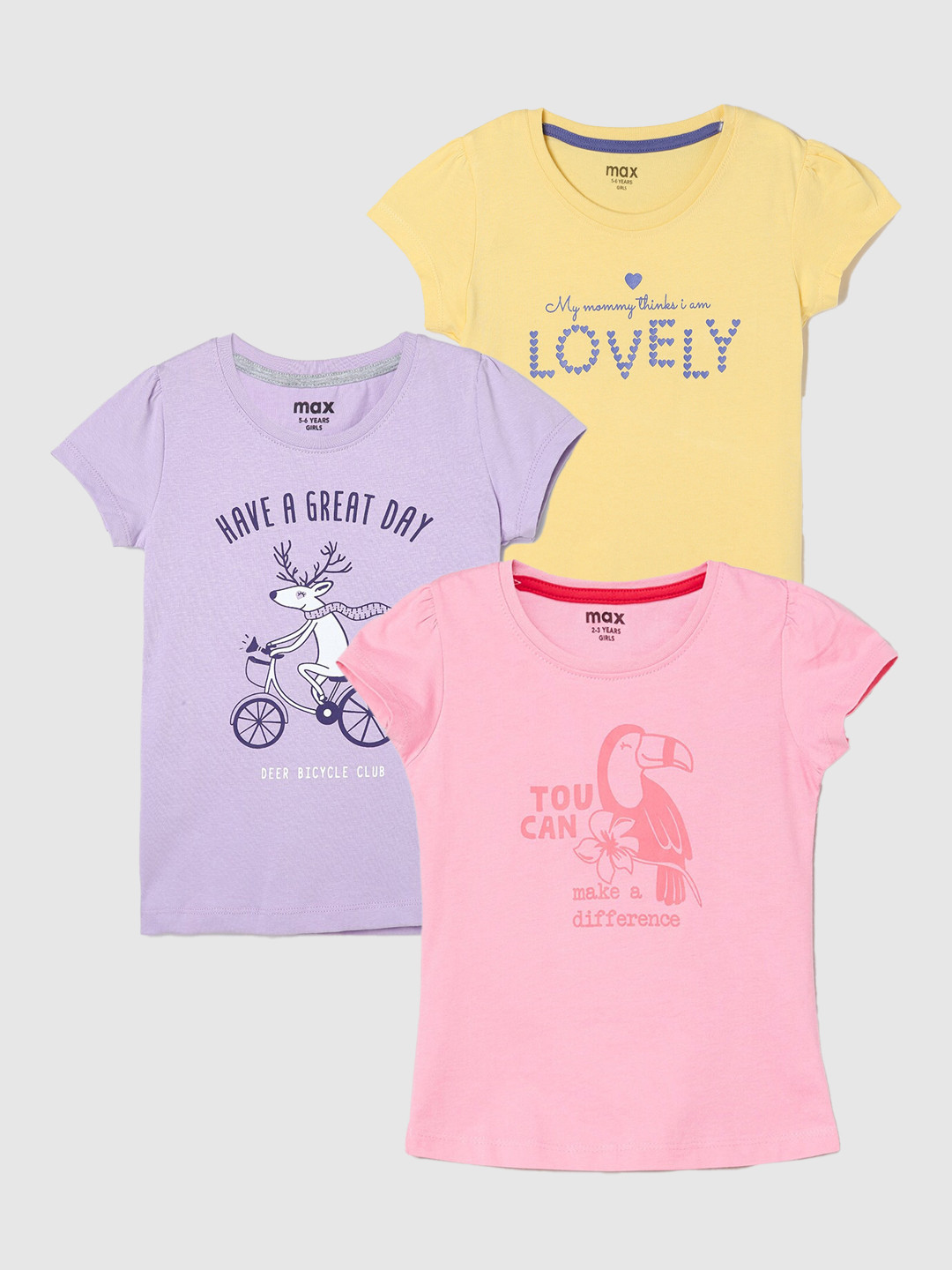 

max Girls Pack Of 3 Printed Pure Cotton T-shirt, Pink