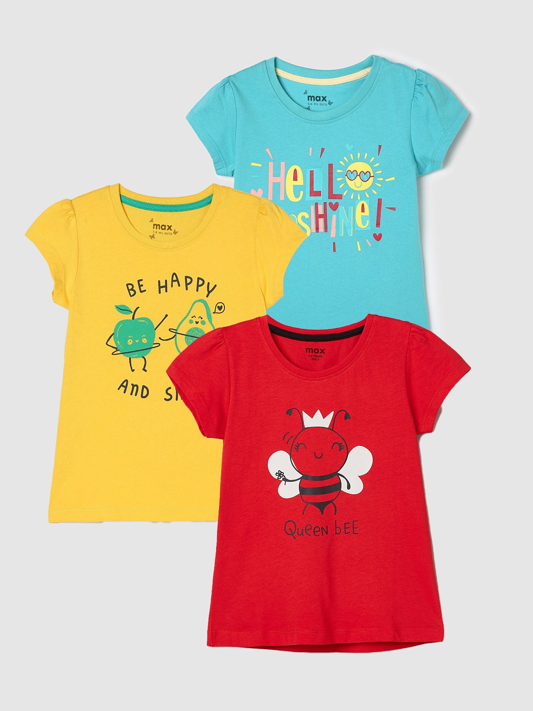 

max Girls Pack Of 3 Printed Pure Cotton T-shirt, Red