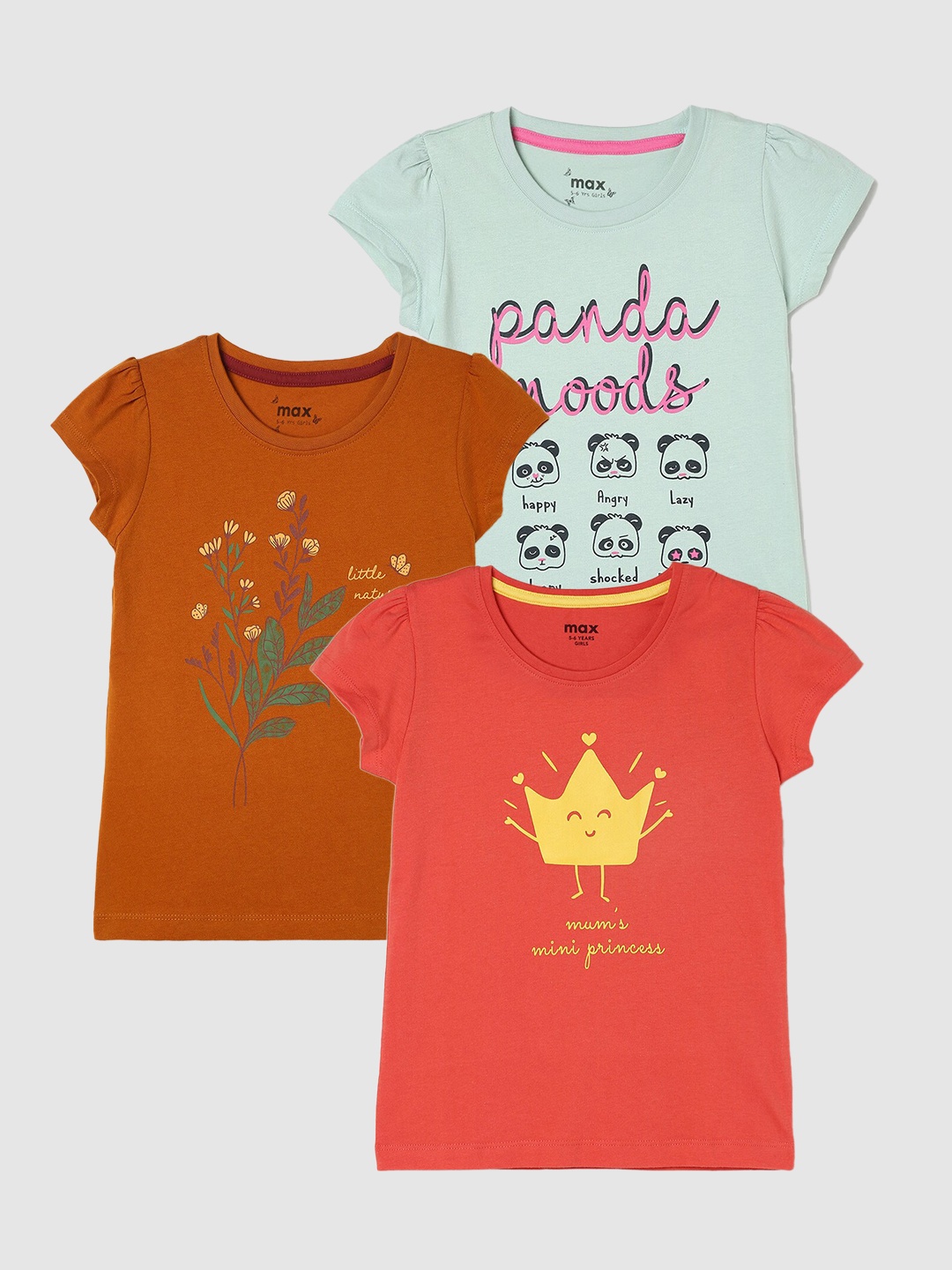 

max Girls Pack Of 3 Printed Pure Cotton T-shirt, Orange