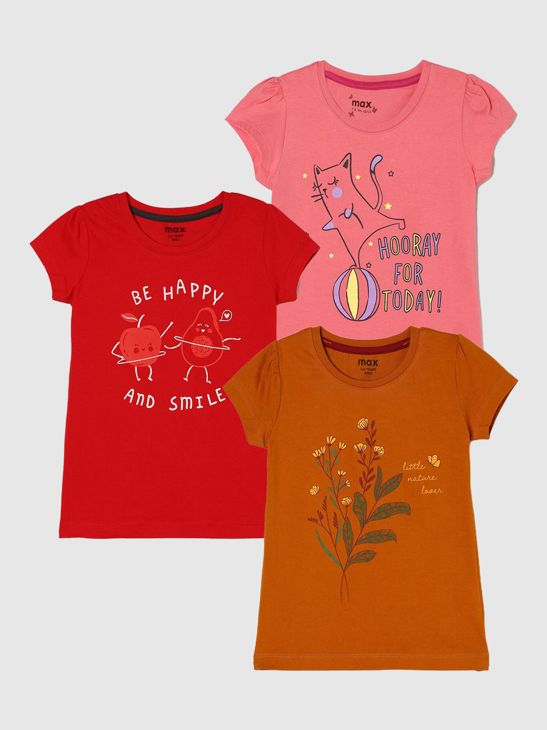 

max Girls Pack Of 3 Printed Pure Cotton T-shirt, Rust