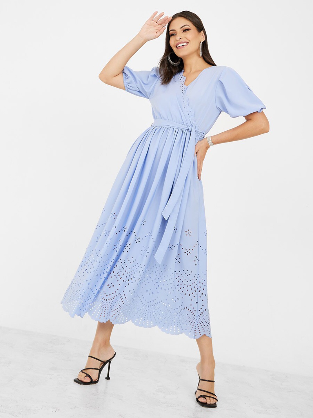 

Styli Blue Schiffli A-Line Midi Dress