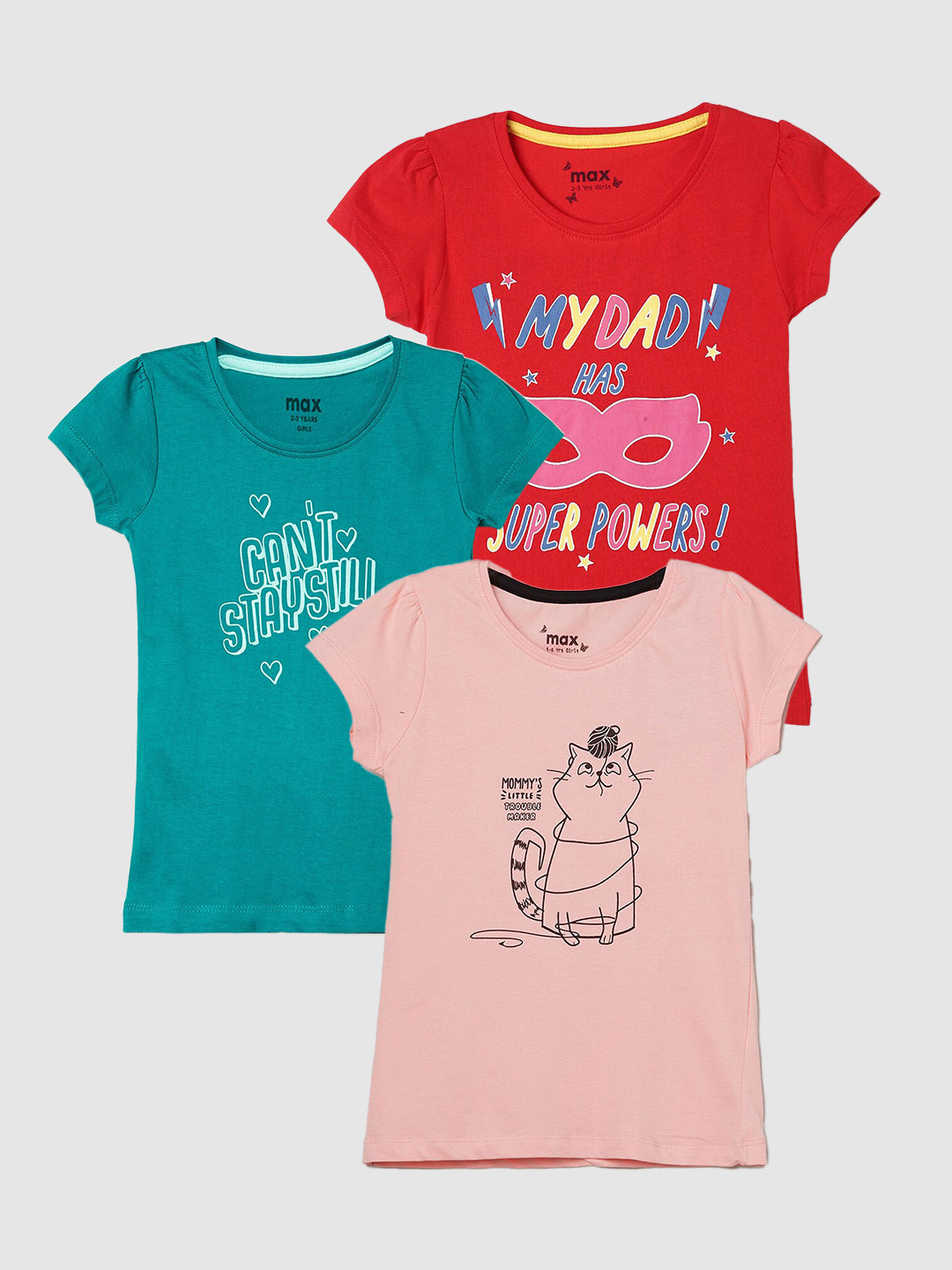 

max Girls Pack Of 3 Printed Pure Cotton T-shirt, Peach