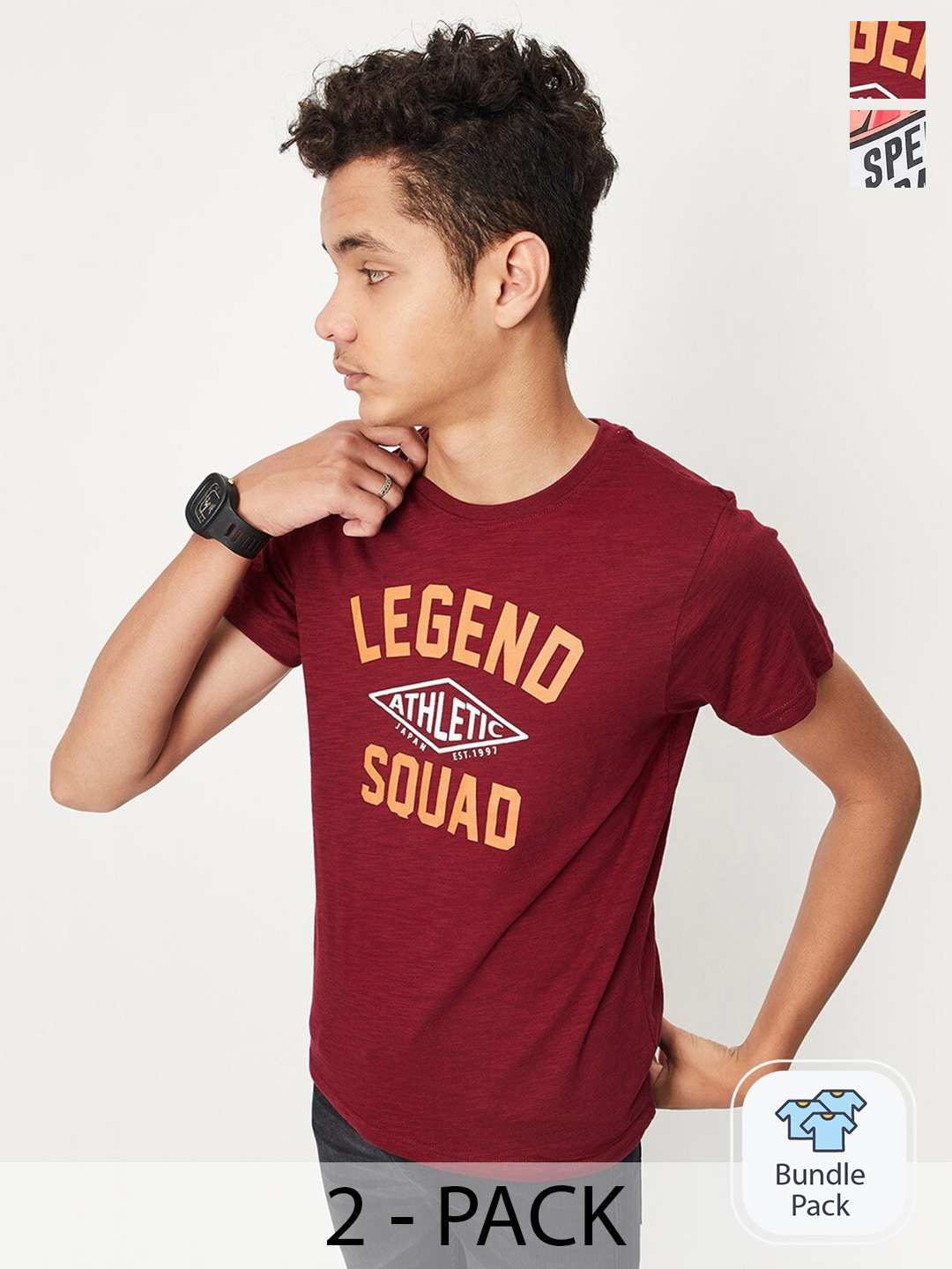 

max Boys Pack Of 2 Printed Pure Cotton T-shirt, Burgundy