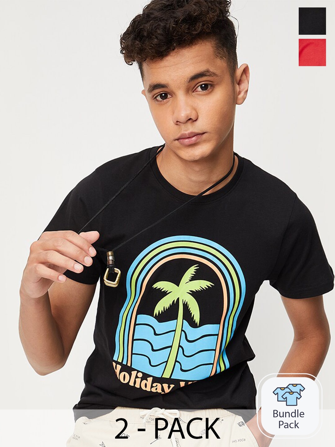 

max Boys Pack Of 2 Printed Cotton T-shirt, Black