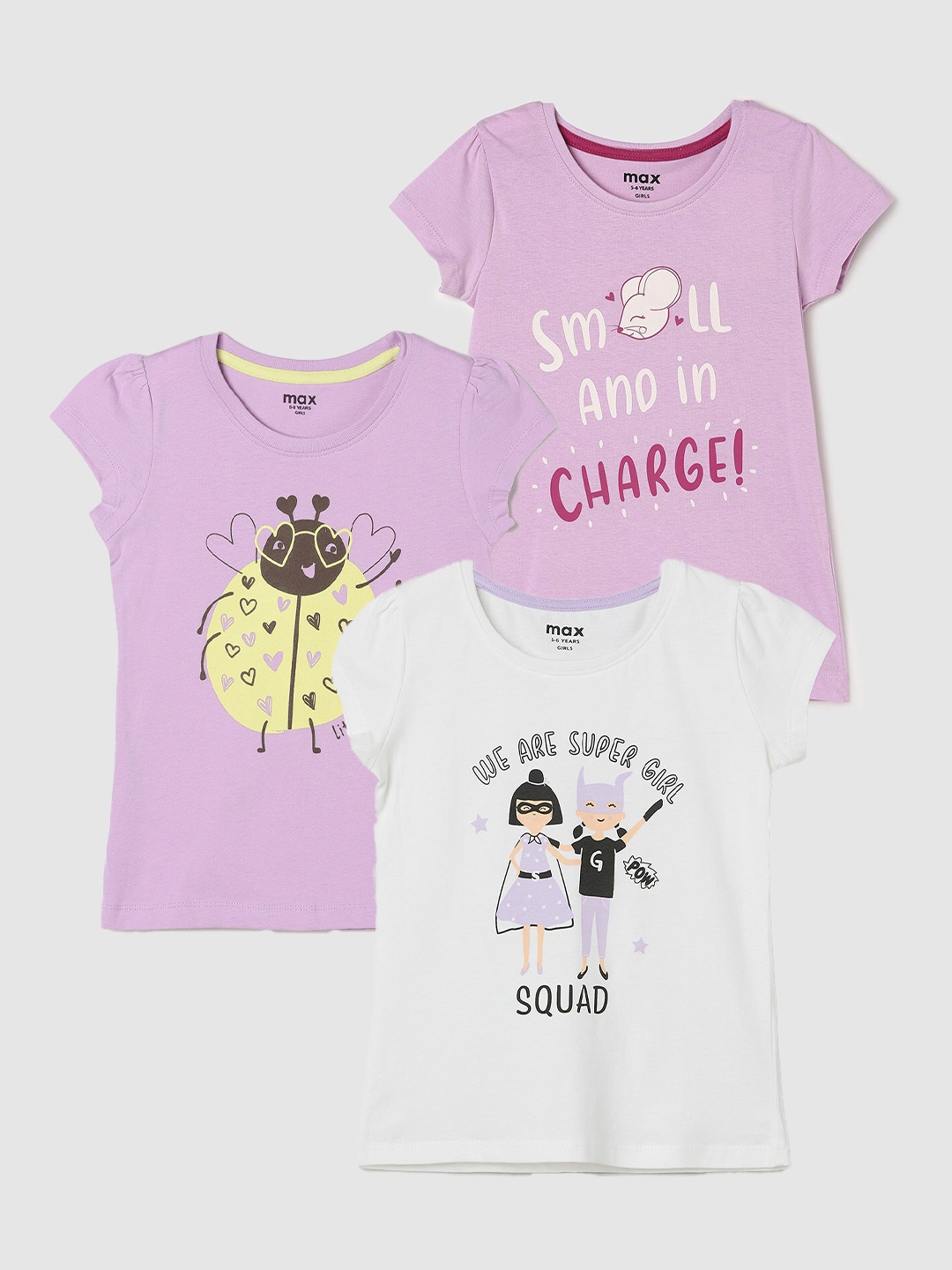 

max Girls Pack Of 3 Printed Pure Cotton T-shirt, White