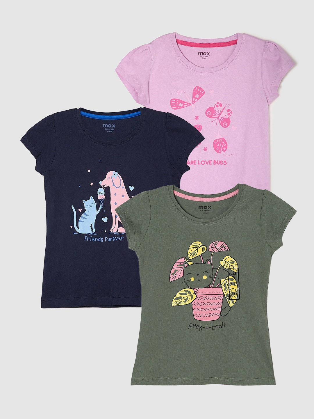 

max Girls Pack Of 3 Printed Pure Cotton T-shirt, Green