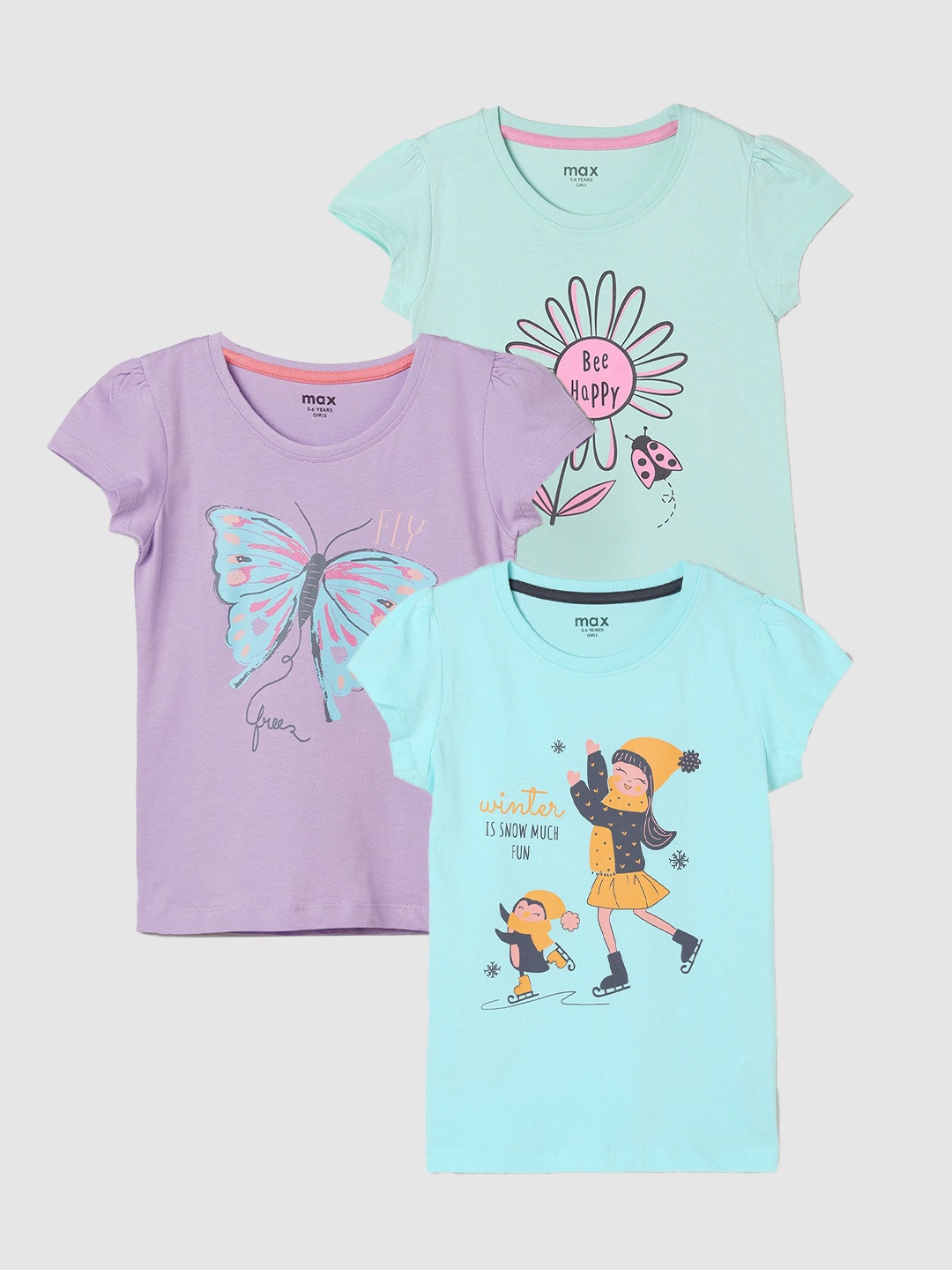 

max Girls Pack Of 3 Printed Pure Cotton T-shirt, Blue