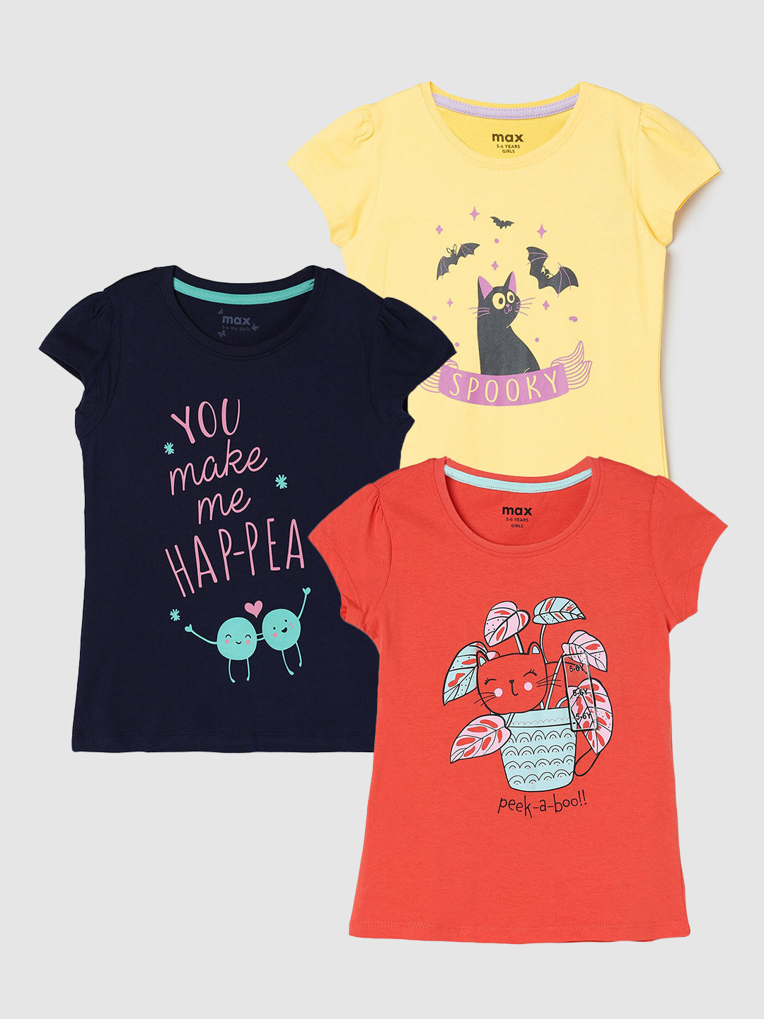 

max Girls Pack Of 3 Printed Pure Cotton T-shirt, Orange