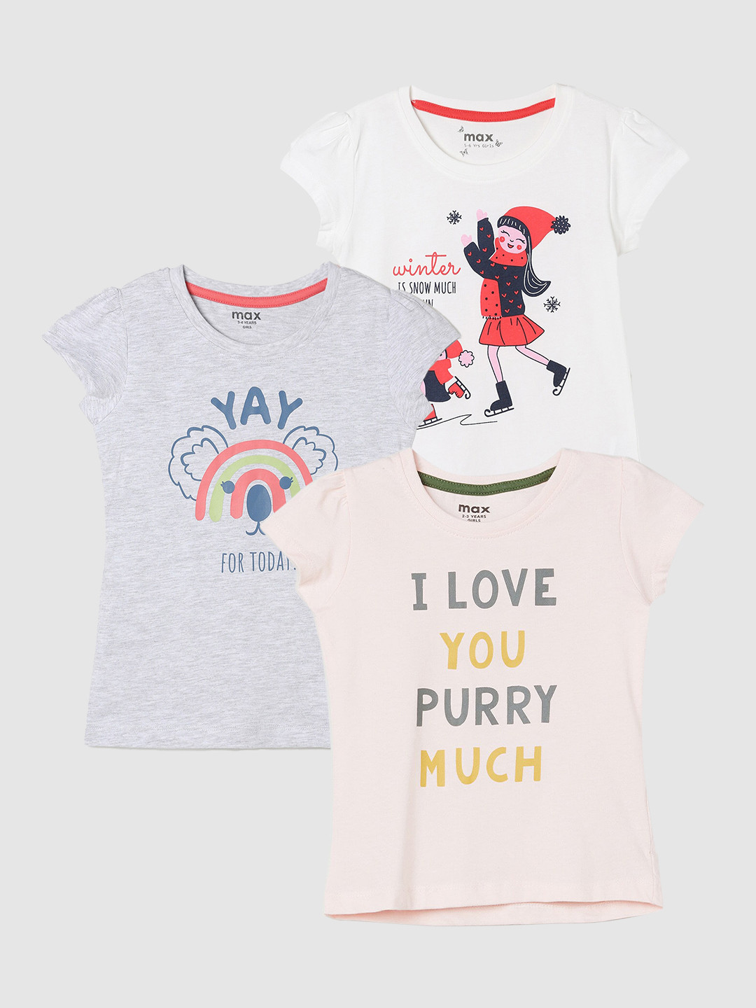 

max Girls Pack Of 3 Printed T-shirt, Cream