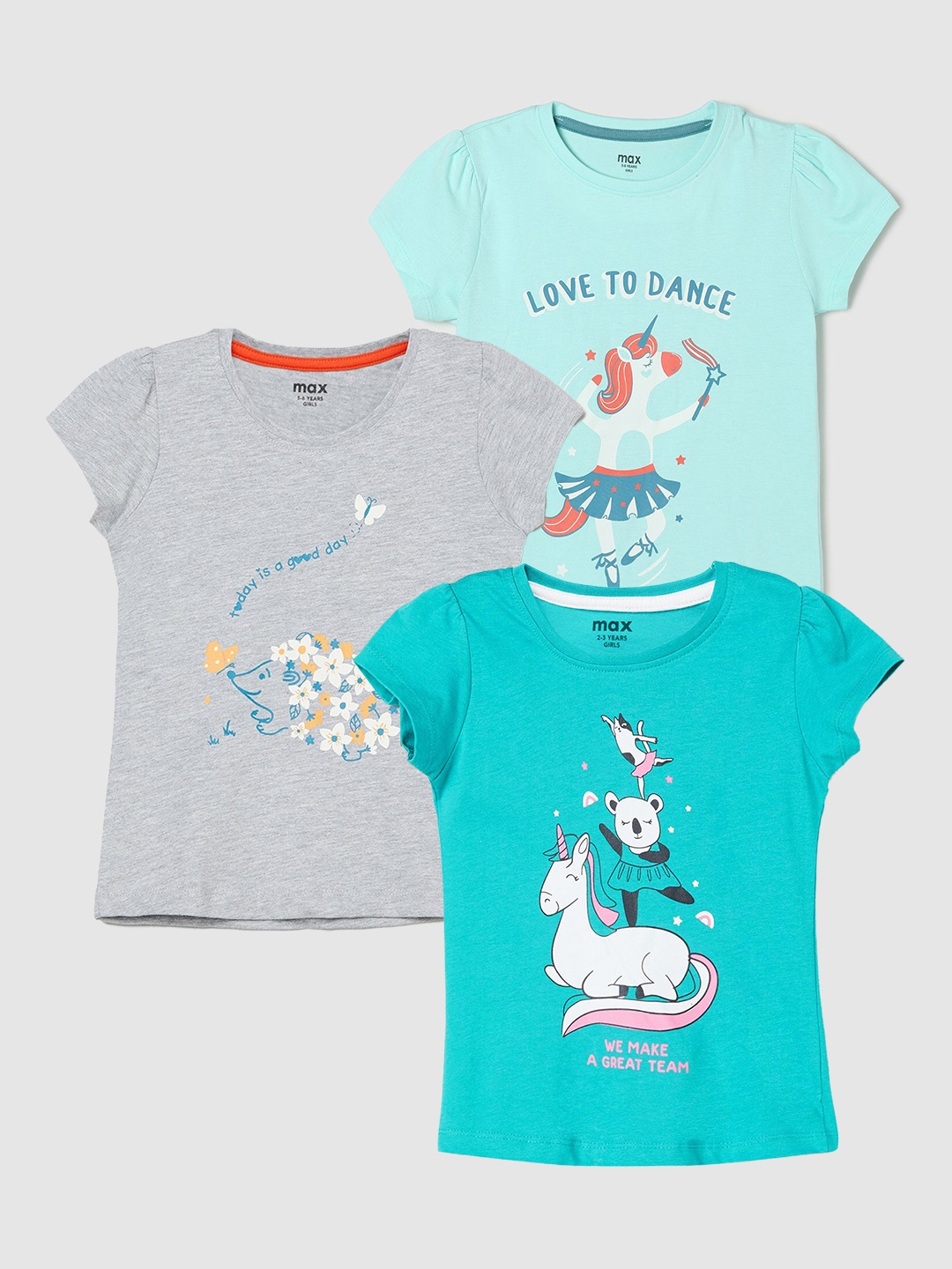 

max Girls Pack Of 3 Printed Pure Cotton T-shirt, Green