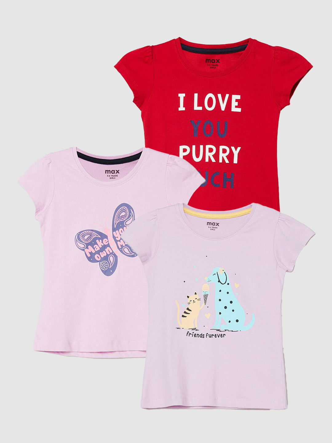 

max Girls Pack Of 3 Printed Pure Cotton T-shirt, Purple