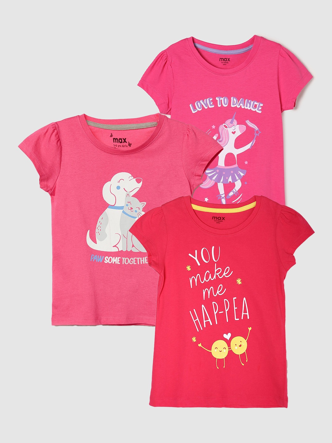 

max Girls Pack Of 3 Printed Pure Cotton T-shirt, Fuchsia