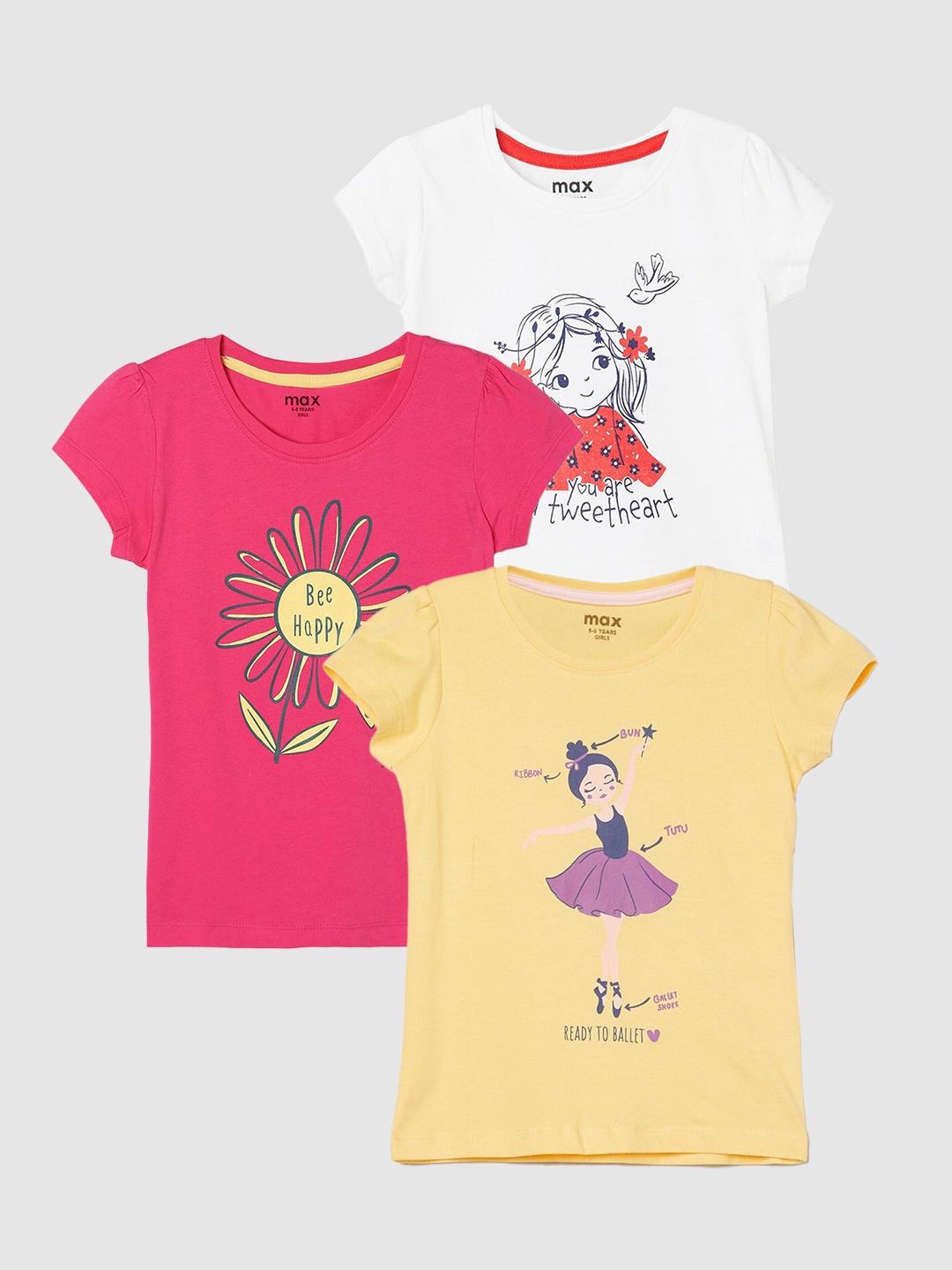 

max Girls Pack Of 3 Graphic Printed Pure Cotton Casual T-Shirt, Yellow