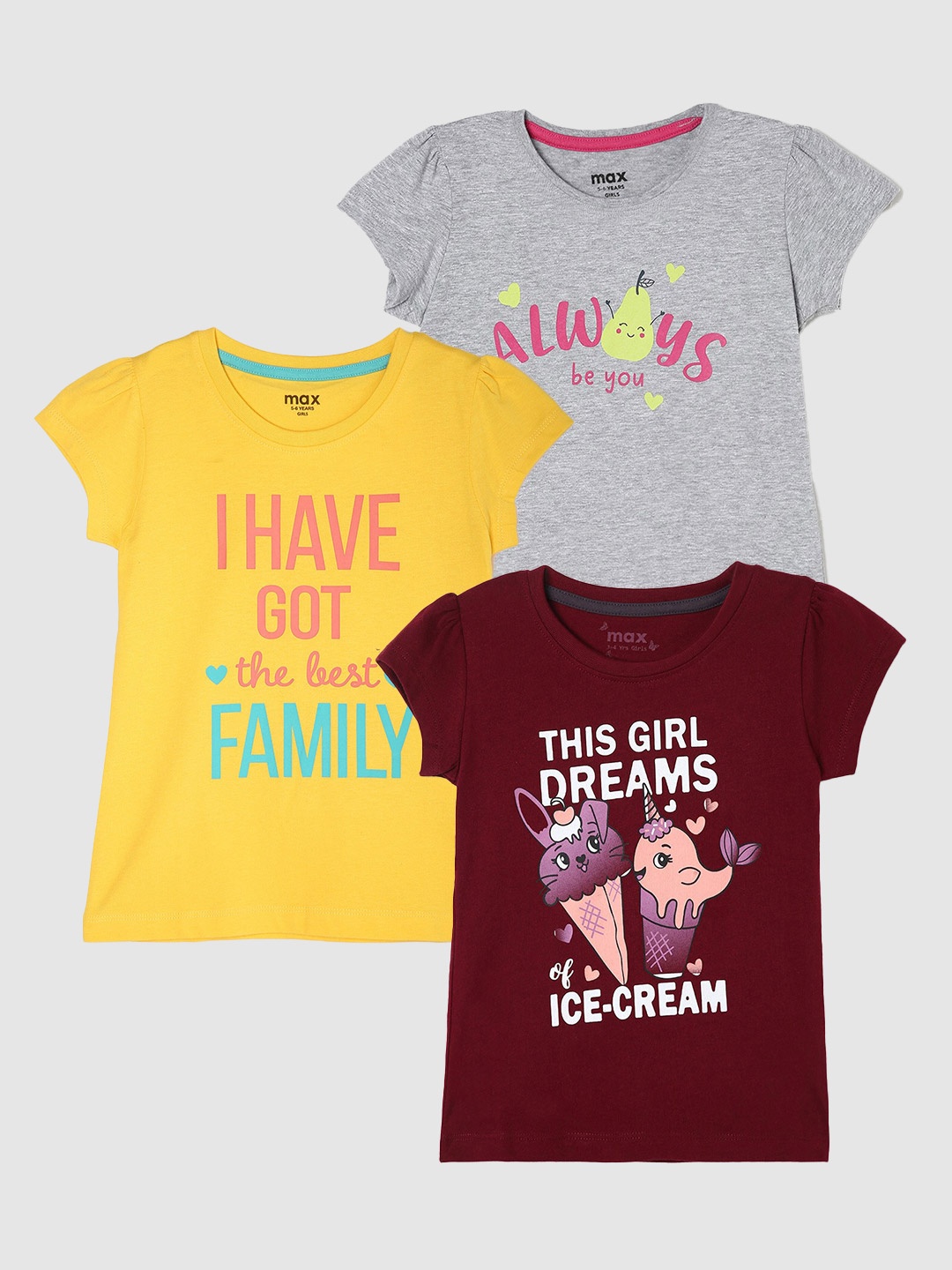 

max Girls Pack Of 3 Printed Pure Cotton Casual T-Shirt, Maroon